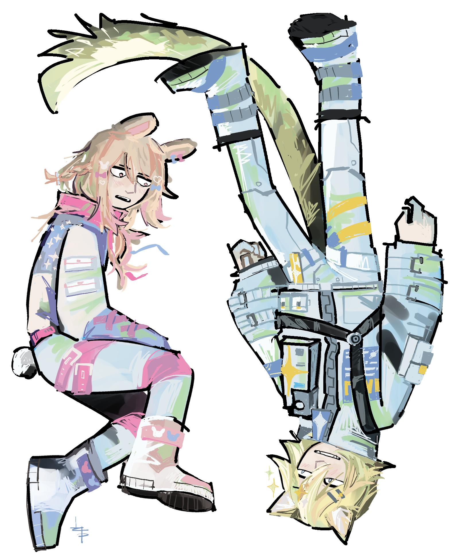 fanart of vtubers pippa and lumi. they're both in spacesuits and floating. lumi is upside down
	  and grinning at pippa.